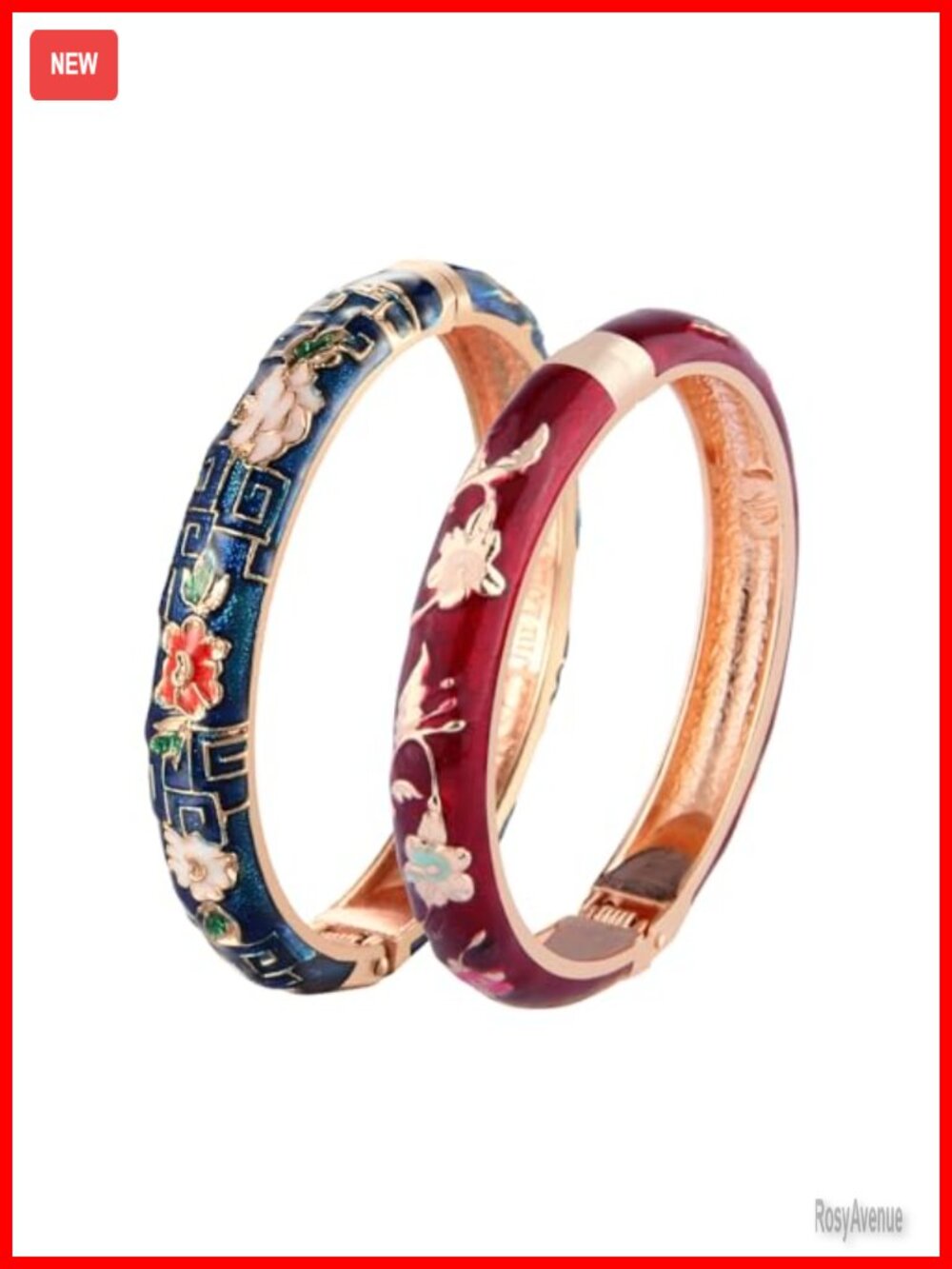 UJOY Cloisonne Enamel Flower Hinged Cuff Bangle Bracelet Set for Women